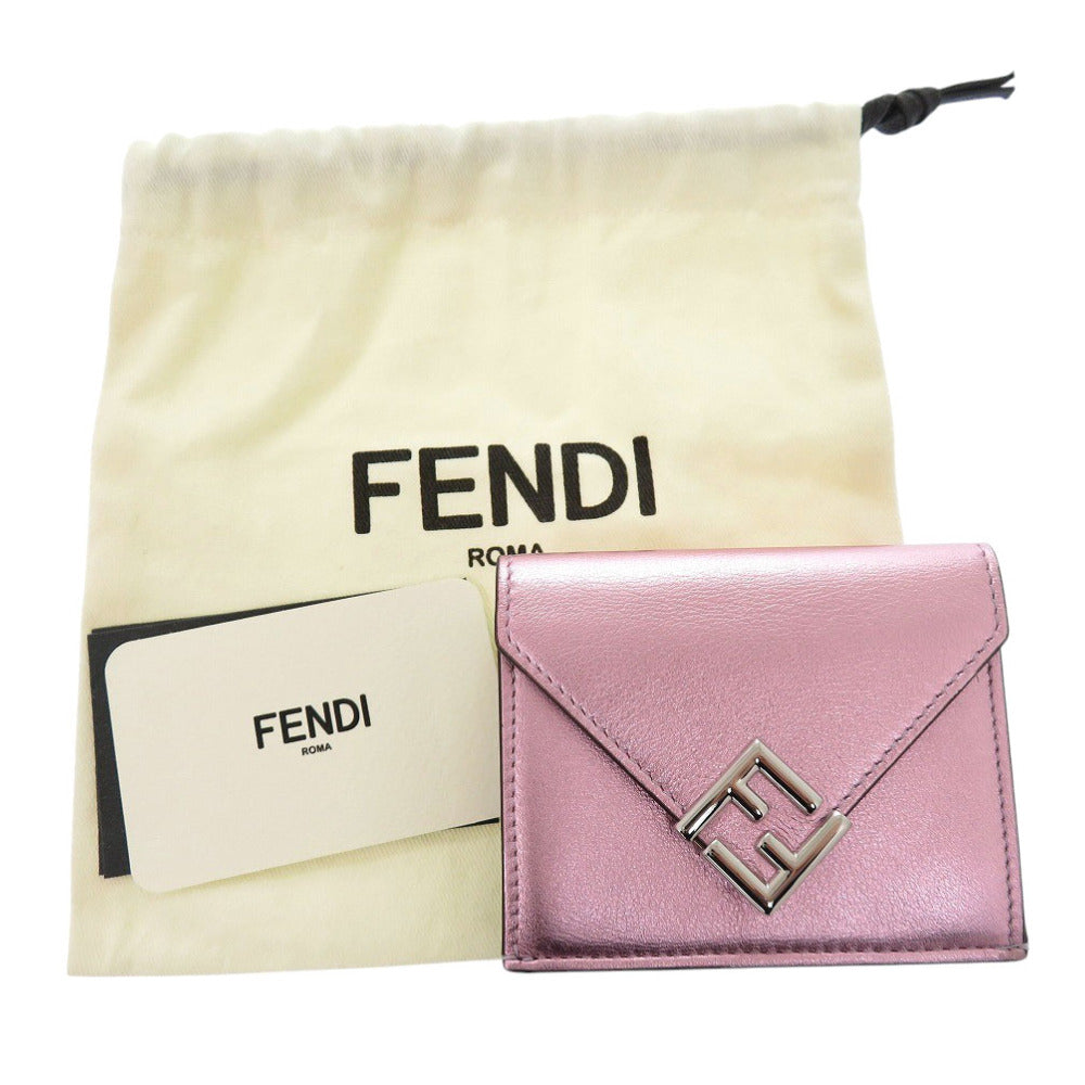 FENDI Tri-fold wallet 8M0480 leather Metallic pink FF Diamond Women Used Authentic