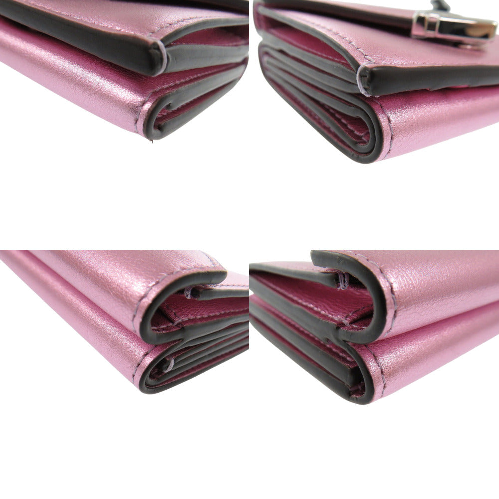 FENDI Tri-fold wallet 8M0480 leather Metallic pink FF Diamond Women Used Authentic