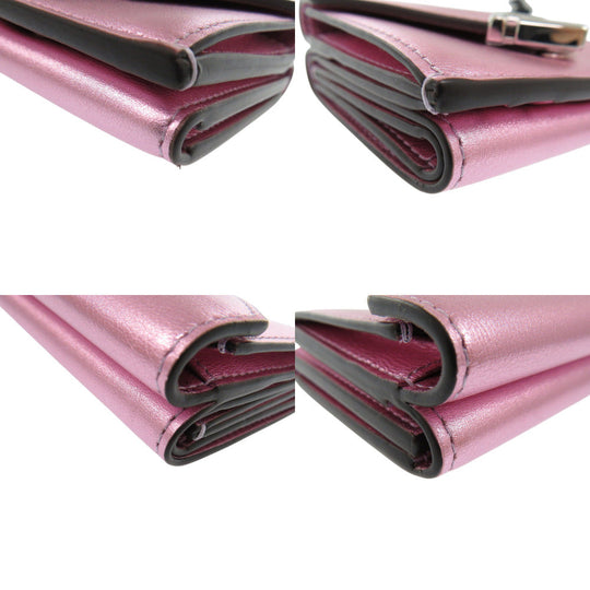 FENDI Tri-fold wallet 8M0480 leather Metallic pink FF Diamond Women Used Authentic