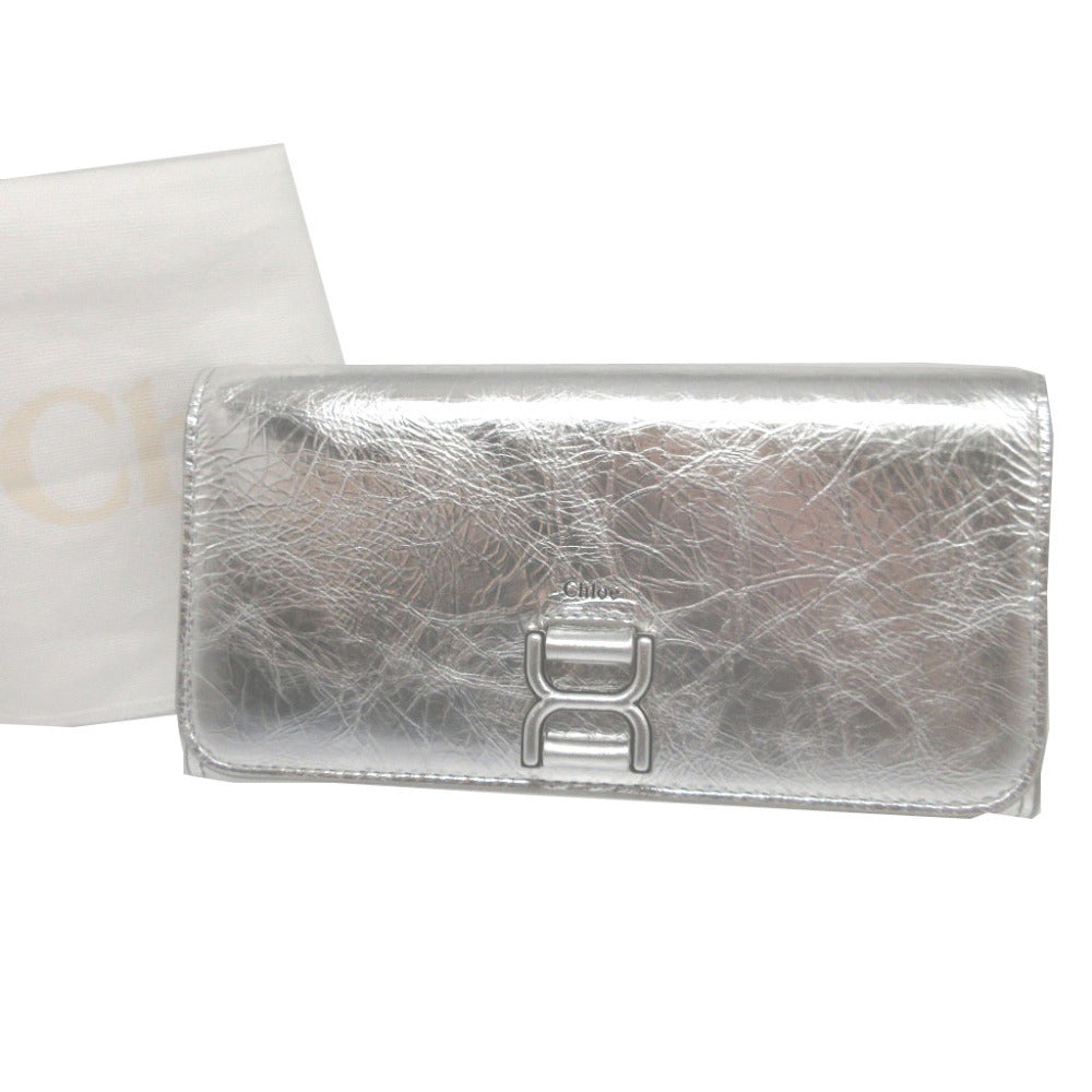 Chloe Long Wallet Purse CHC23AP098 leather Silver Two fold Mercy unisex(Unisex) Used Authentic