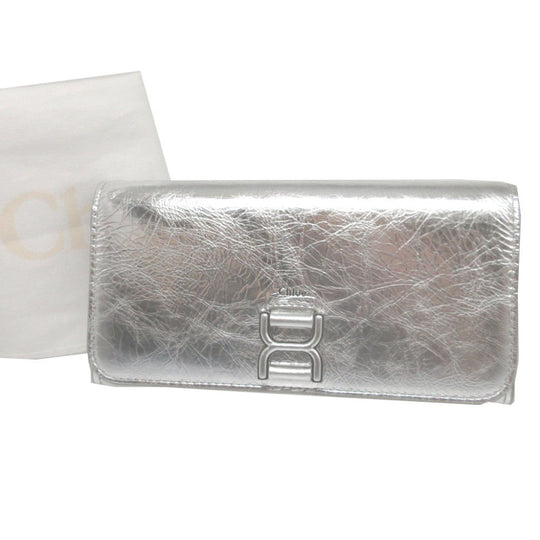 Chloe Long Wallet Purse CHC23AP098 leather Silver Two fold Mercy unisex(Unisex) Used Authentic