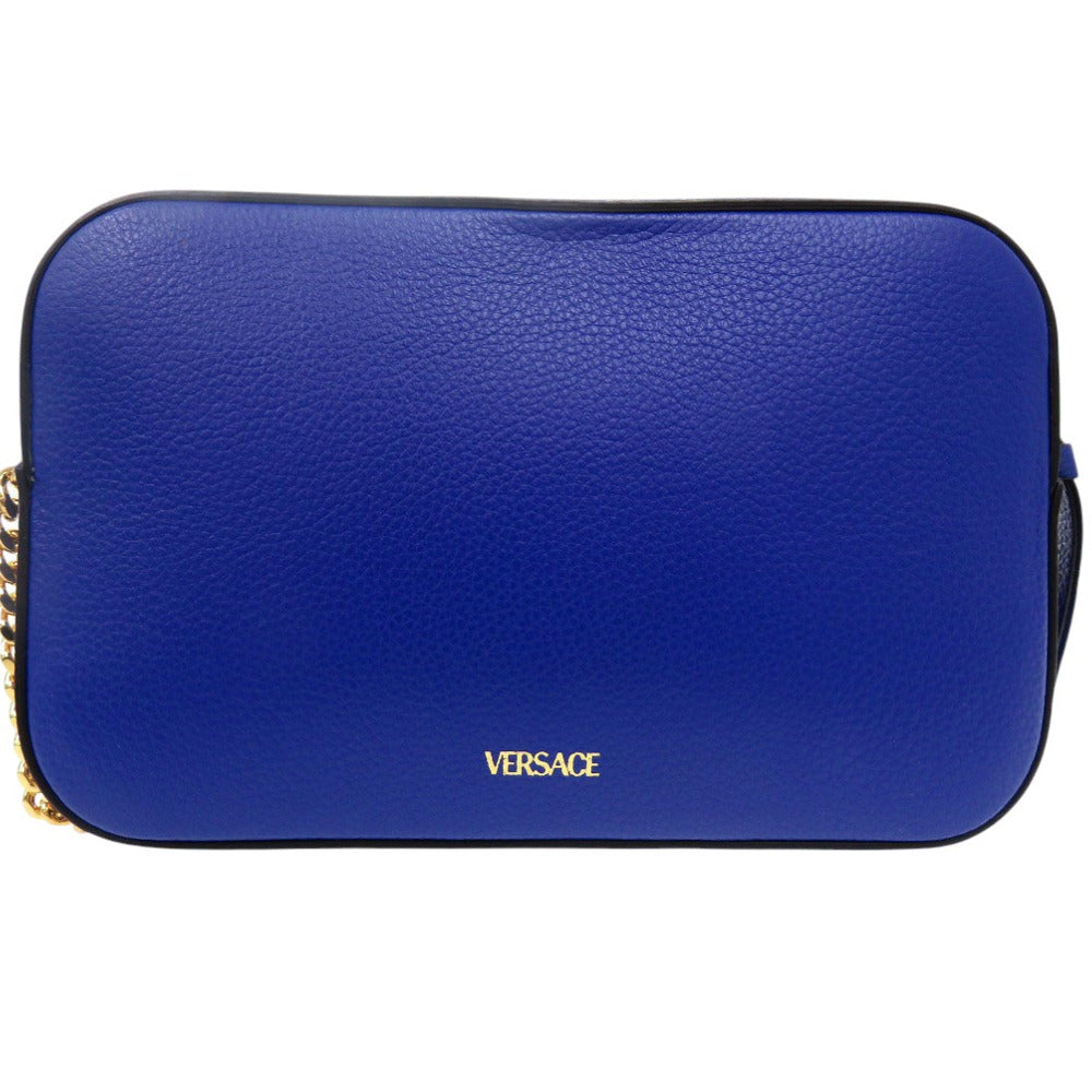 VERSACE Shoulder Bag 1005969 leather blue Virtus Chain Shoulder Bag Bag Pouch Metal Icon Leather Women Used Authentic