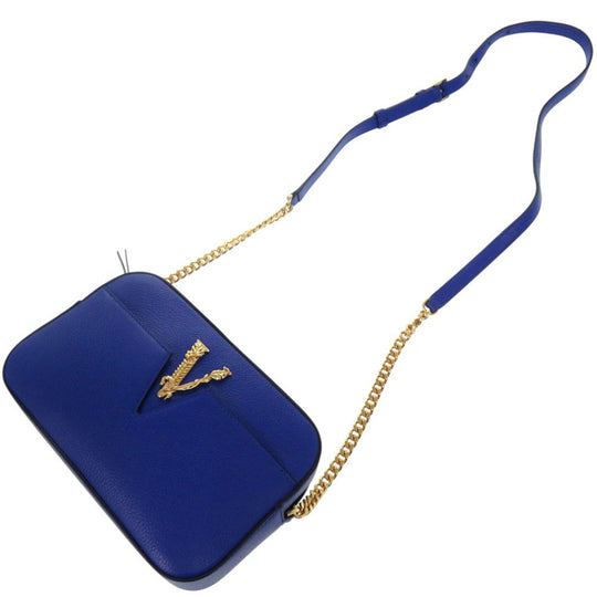 VERSACE Shoulder Bag 1005969 leather blue Virtus Chain Shoulder Bag Bag Pouch Metal Icon Leather Women Used Authentic
