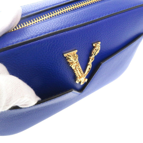 VERSACE Shoulder Bag 1005969 leather blue Virtus Chain Shoulder Bag Bag Pouch Metal Icon Leather Women Used Authentic