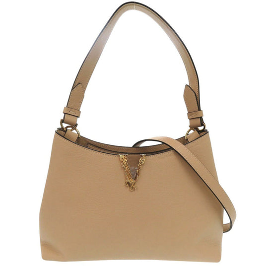 VERSACE Shoulder Bag leather beige Virtus 2WAY Chain Shoulder Bag Bag Pouch Metal Icon Handbag Leather Women Used Authentic