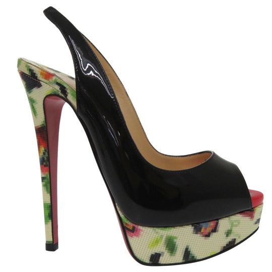 Christian Louboutin pumps Patent leather black LADY PEEP SLING 150 MOSAIQU Open Toe Floral Slingback Women 35 Used Authentic