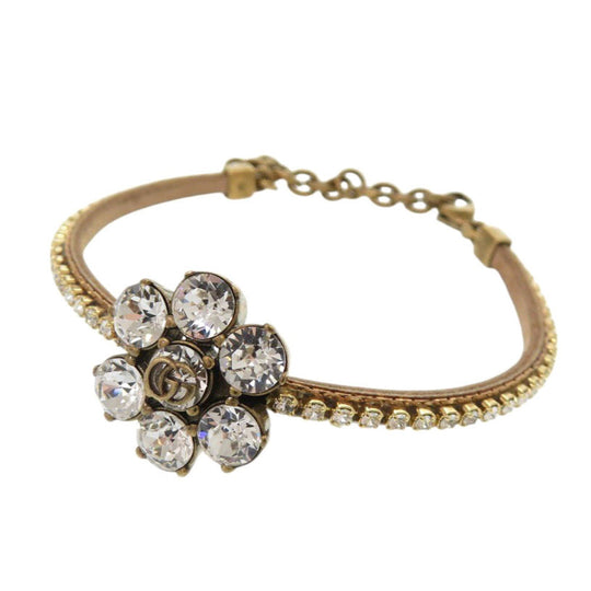 GUCCI bracelet 651557 I5671 8061 Metal, Leather gold Crystal Double G Bracelet Women Used Authentic