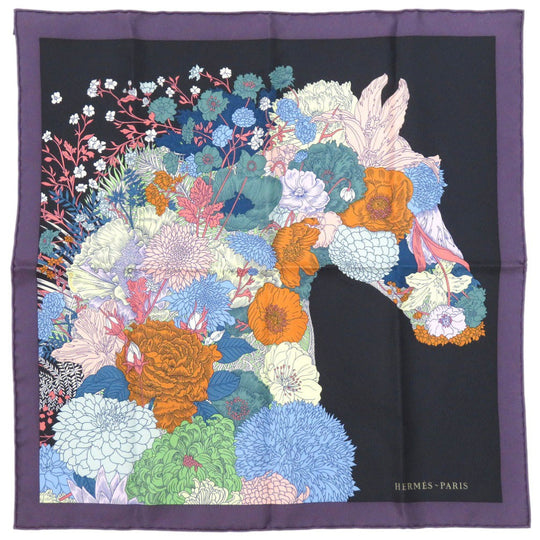 HERMES scarf silk multicolor Floral Horse Twill Scarf Carre45 Flower Horse Gavroche Robe Legere Detail Women Used Authentic