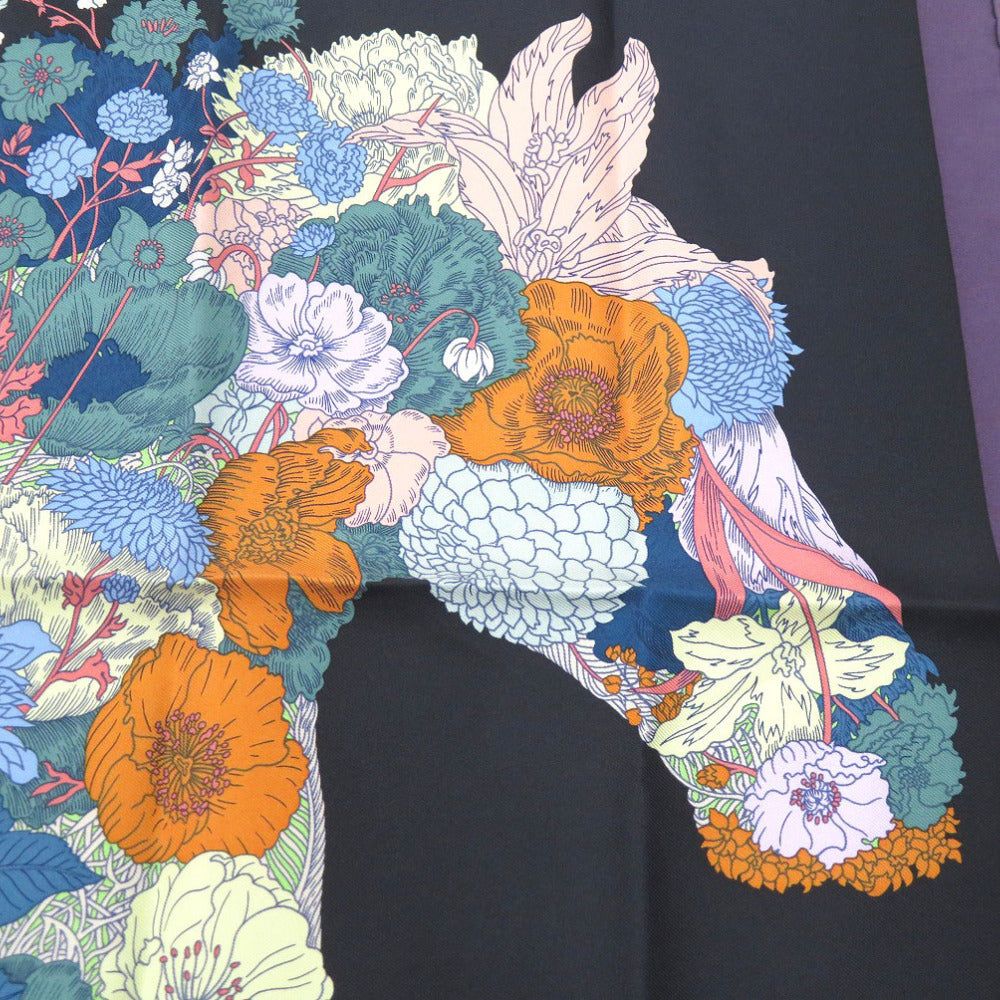 HERMES scarf silk multicolor Floral Horse Twill Scarf Carre45 Flower Horse Gavroche Robe Legere Detail Women Used Authentic