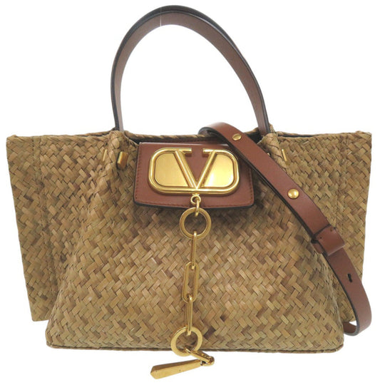 Valentino Garavani Tote Bag straw beige V logo straw studs 2way crossbody Women Used Authentic