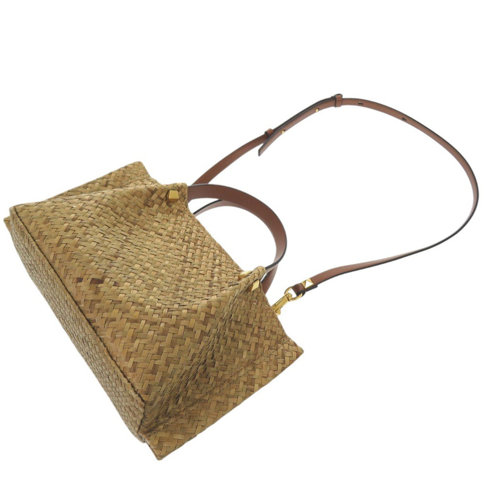 Valentino Garavani Tote Bag straw beige V logo straw studs 2way crossbody Women Used Authentic