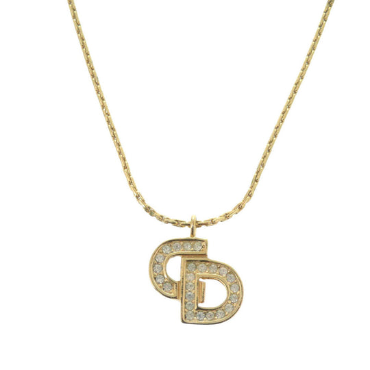 Christian Dior Necklace Rhinestones, Gold Plated gold logo rhinestone Women Used Authentic