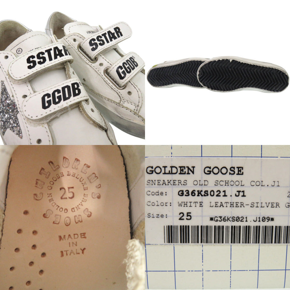 GOLDEN GOOSE sneakers G36KS021 J1 leather white Round toe Flat rubber sole Glitter star patch OLD SCHOOL SUPER STAR Kids 25 Used Authentic