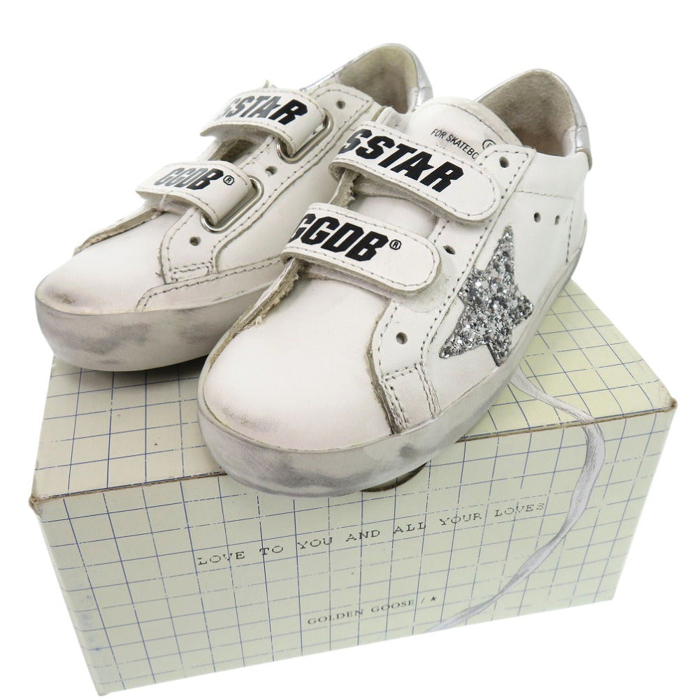 GOLDEN GOOSE sneakers G36KS021 J1 leather white Round toe Flat rubber sole Glitter star patch OLD SCHOOL SUPER STAR Kids 25 Used Authentic