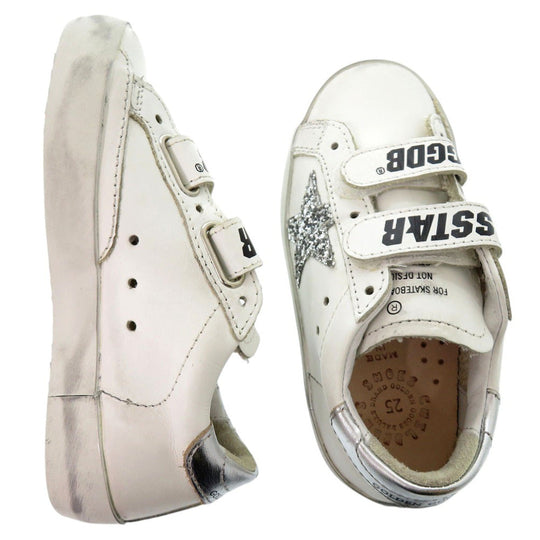 GOLDEN GOOSE sneakers G36KS021 J1 leather white Round toe Flat rubber sole Glitter star patch OLD SCHOOL SUPER STAR Kids 25 Used Authentic