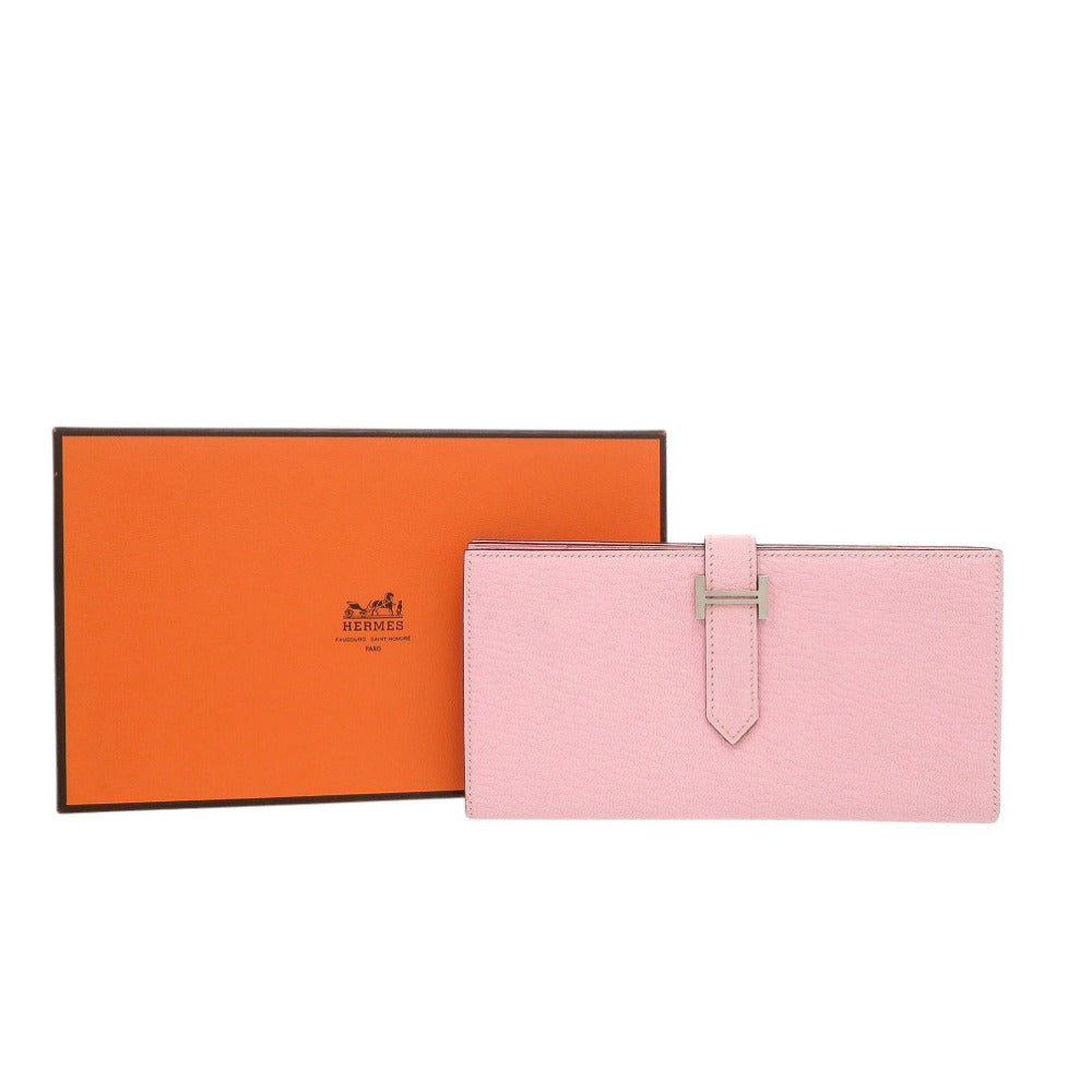 HERMES Long Wallet Purse Shave Rose cherry Beansufla Women Used Authentic