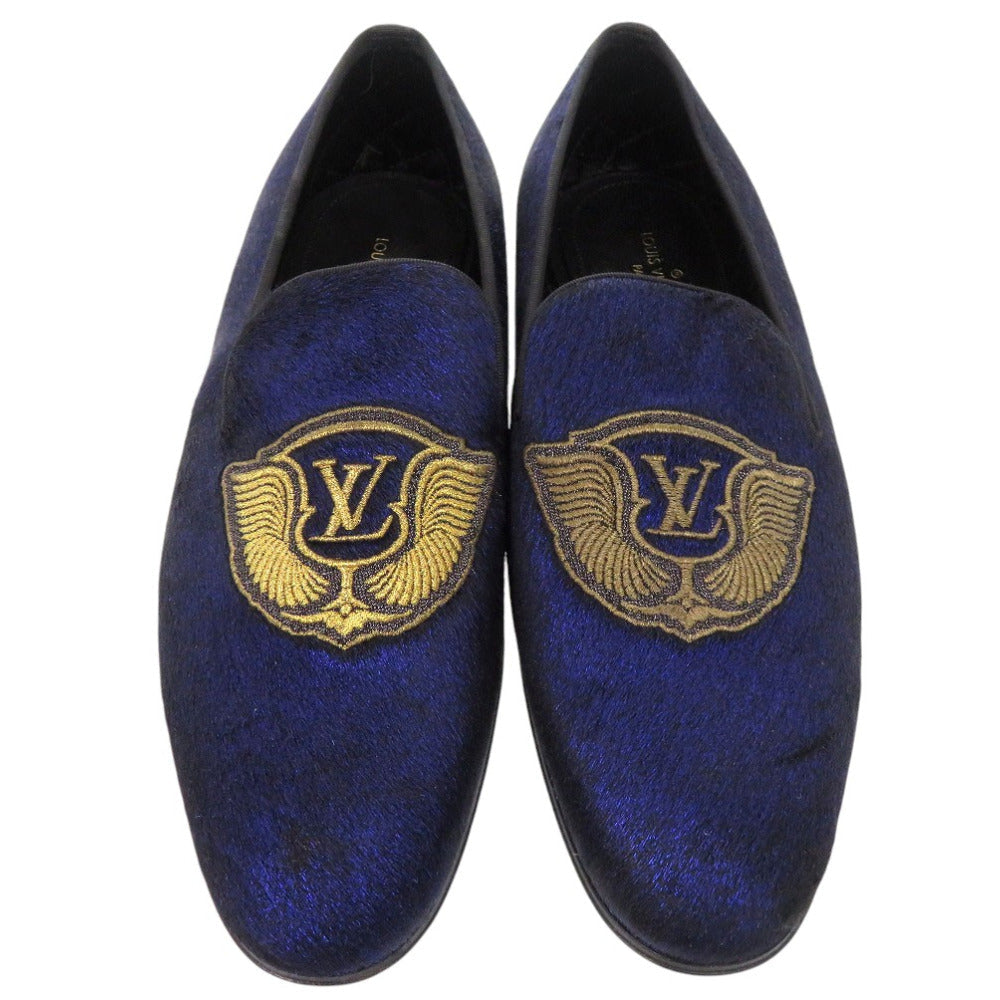LOUIS VUITTON Other shoes BM1108 Velor Navy Auteuil Line Opera Shoes LV Embroidered Slip-On Loafers Size 6 1/2 mens 6.5 Used Authentic