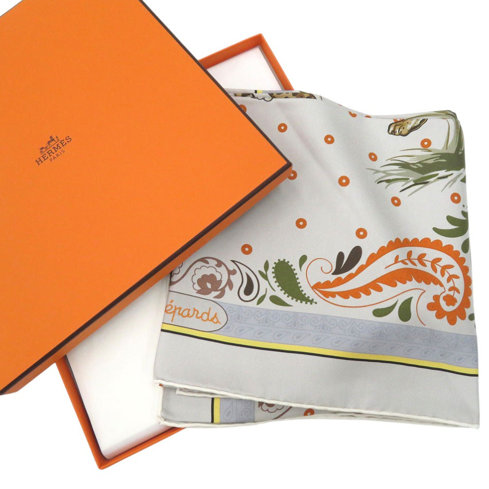 HERMES scarf silk GRIS Twill scarf cheetah Carre90 Double Face GUEPARDS BANDANA Women Used Authentic