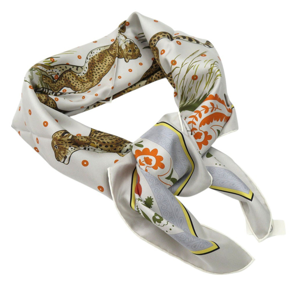 HERMES scarf silk GRIS Twill scarf cheetah Carre90 Double Face GUEPARDS BANDANA Women Used Authentic