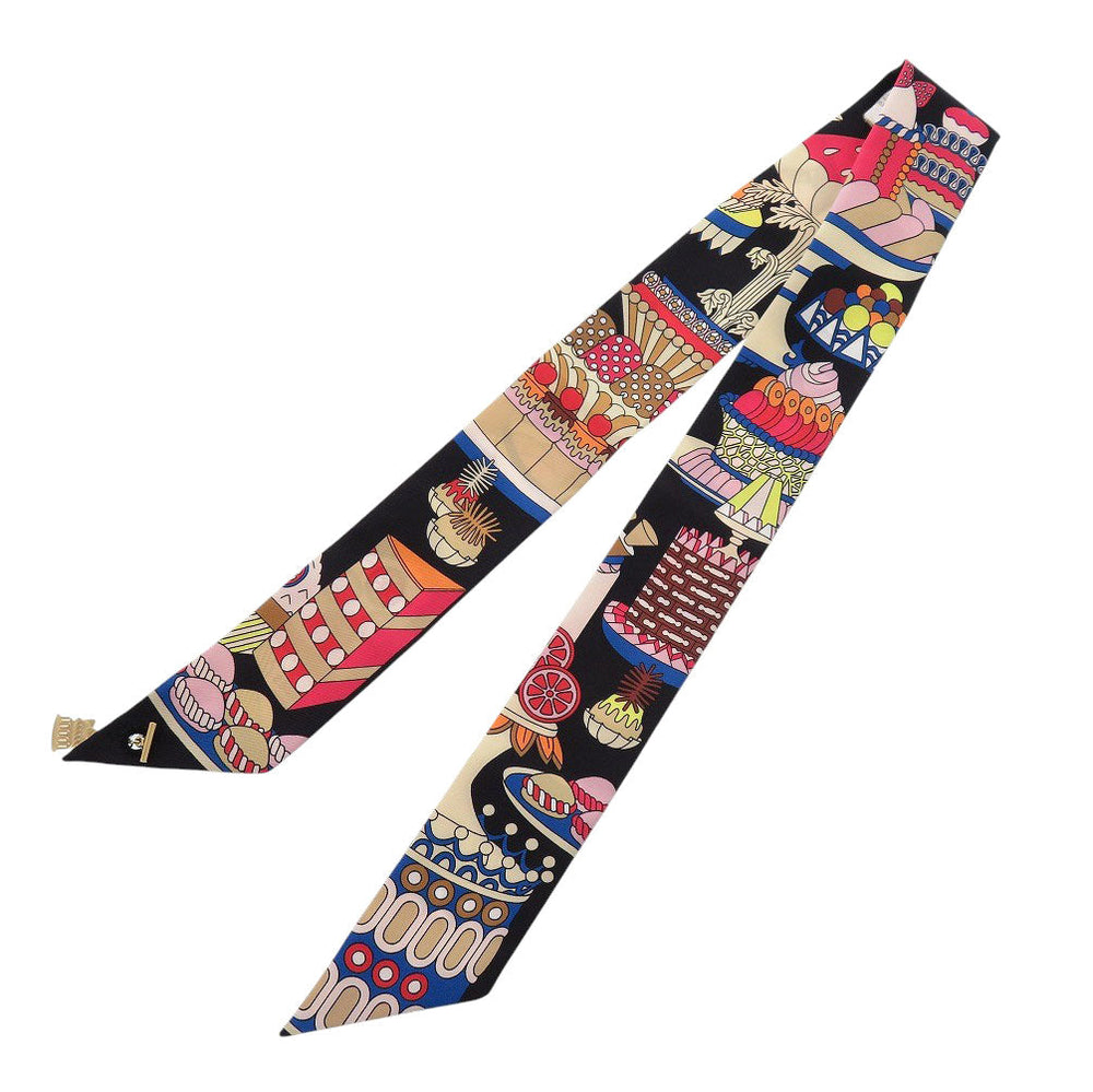 HERMES scarf 853336S silk black Twilly Charm Patisserie Franaise Women Used Authentic