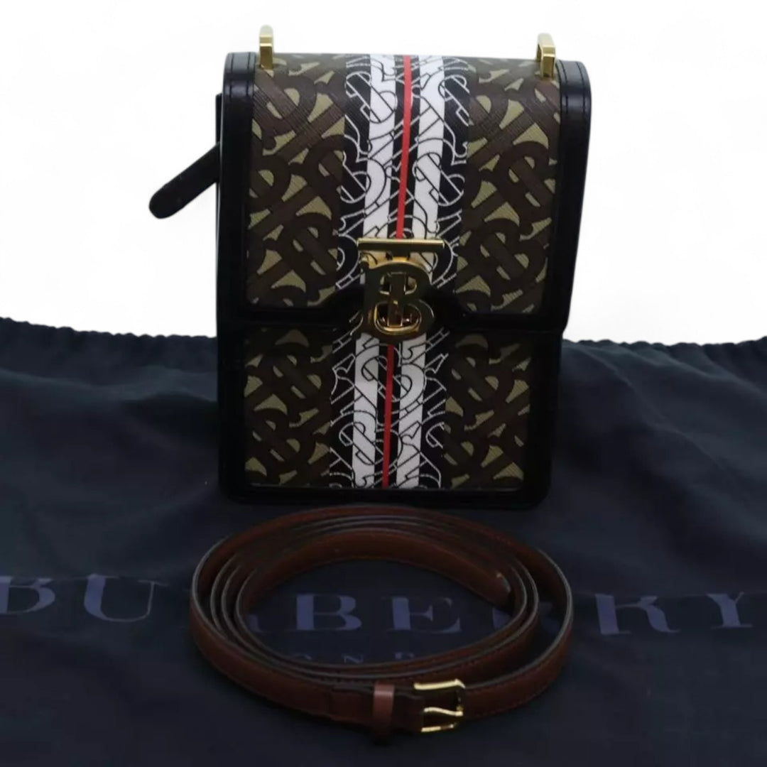 Burberry Shoulder Bag PVC Leather Brown Monogram Stripe Women Crossbody Handbag with Strap