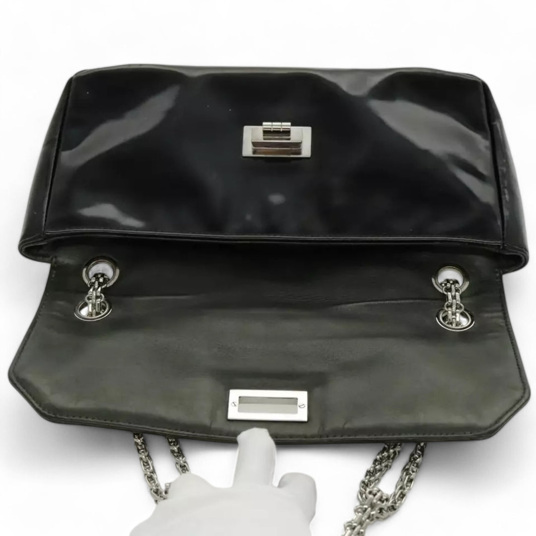 CHANEL Chain Shoulder Bag Patent Leather Black Silver CC