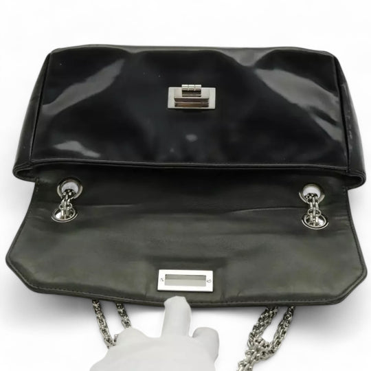 CHANEL Chain Shoulder Bag Patent Leather Black Silver CC