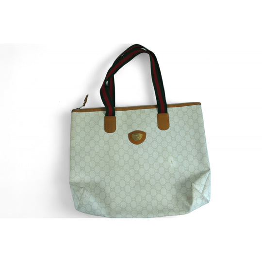 Gucci Plus Tote Bag Beige Canvas Leather Trim Red Green Straps Vintage Women's Handbag Made in Italy