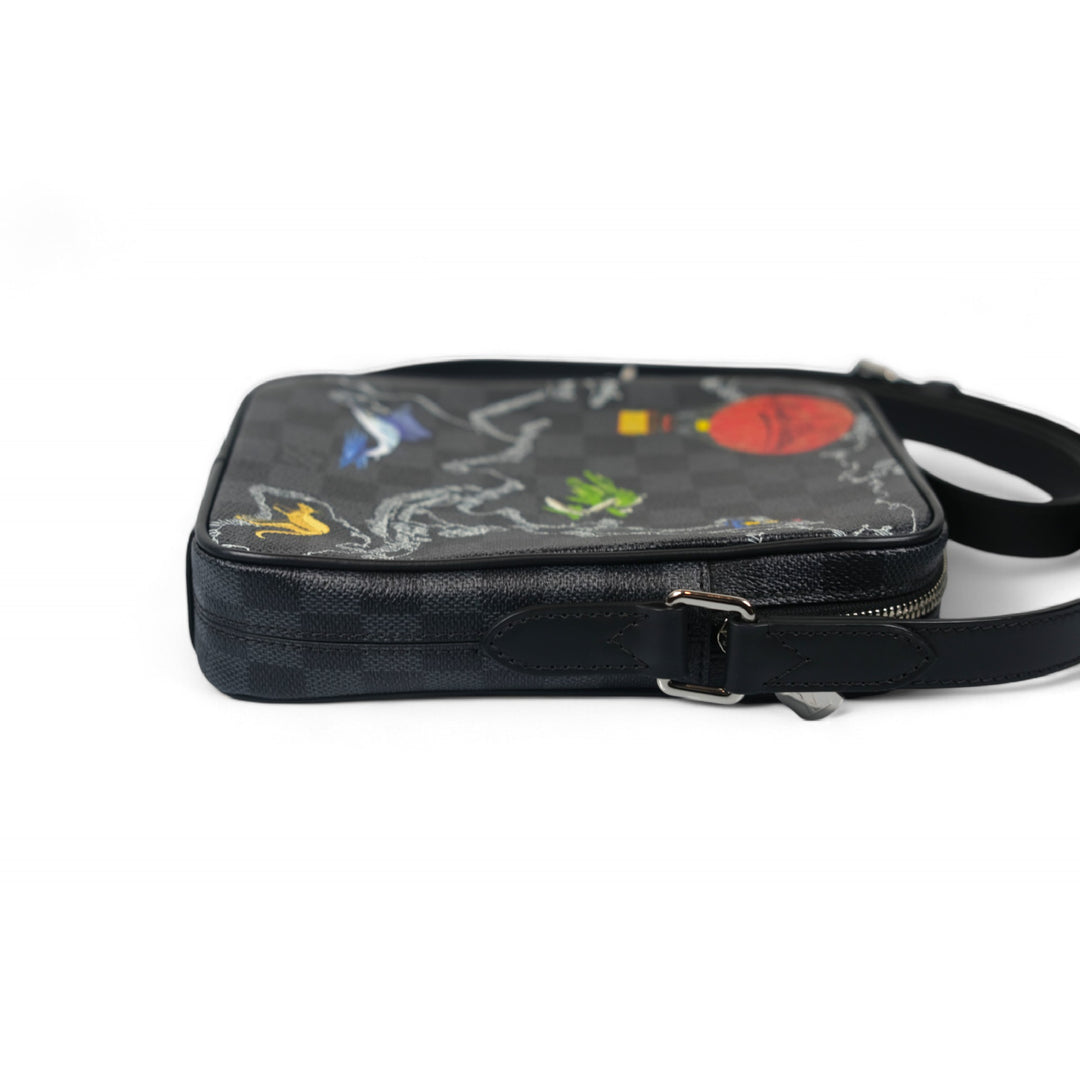Louis Vuitton Damier Graphite Renaissance Map Danube Slim PM Crossbody Bag Black Multicolor Men's Shoulder Bag