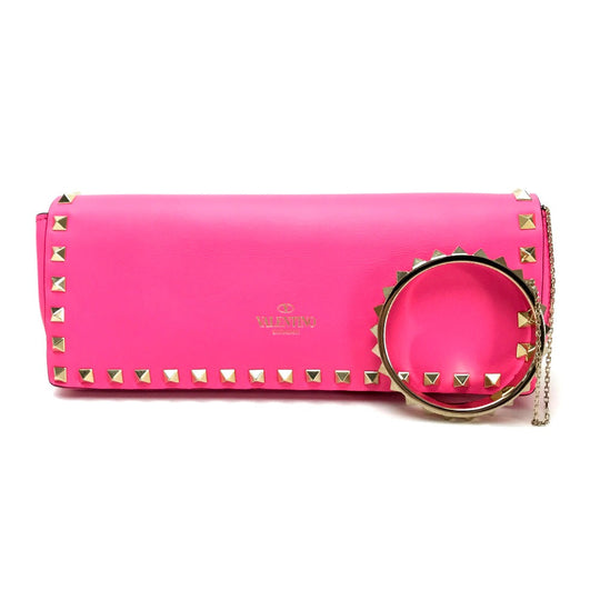 Valentino Garavani Clutch bag leather shocking pink Rock studs Women Used Authentic