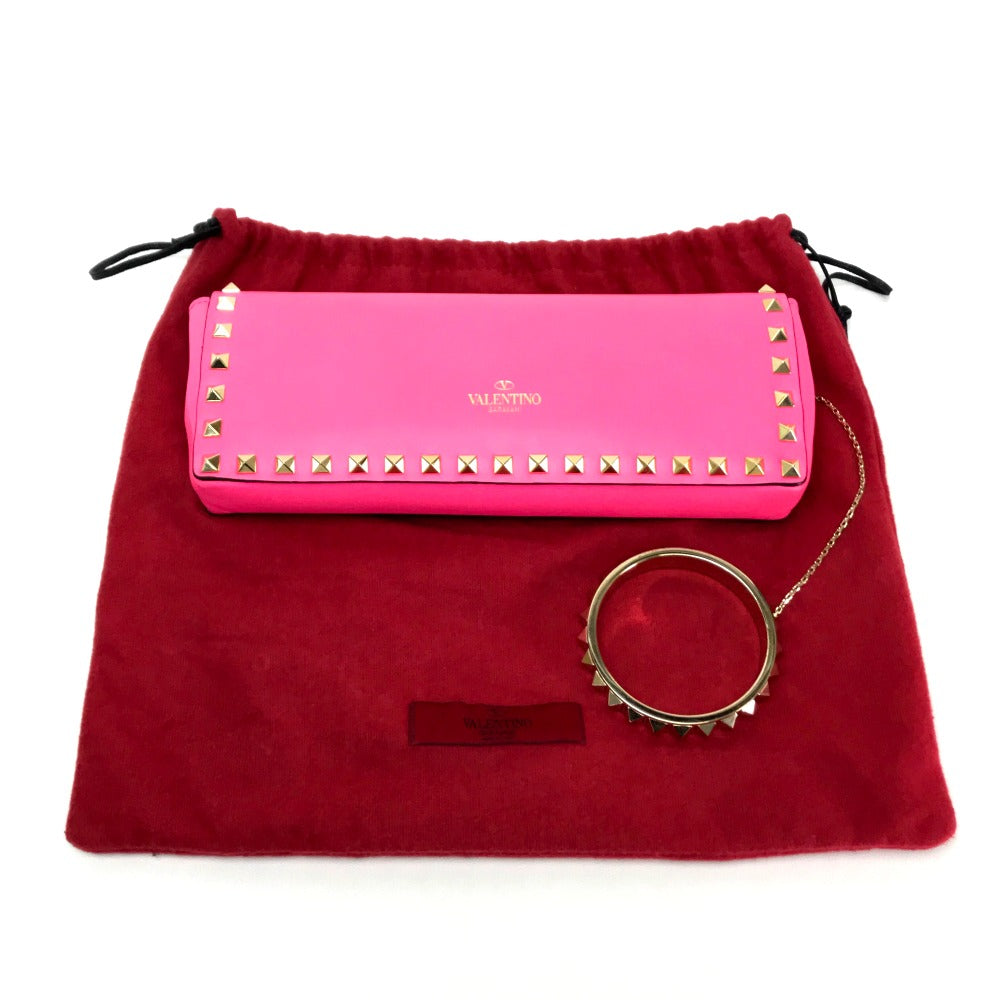 Valentino Garavani Clutch bag leather shocking pink Rock studs Women Used Authentic