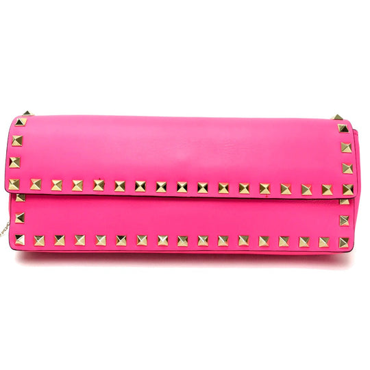 Valentino Garavani Clutch bag leather shocking pink Rock studs Women Used Authentic