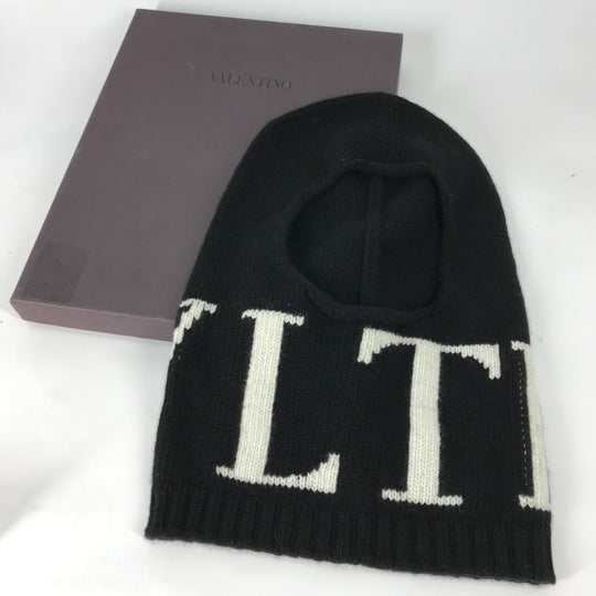 VALENTINO Knit hat Wool / cashmere black VLTN logo Balaclava mens Used Authentic