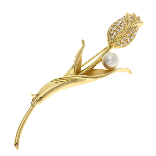MIKIMOTO Brooch 18K Yellow Gold gold Pearl Diamond Tulip Motif