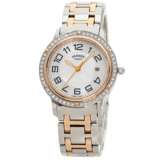 HERMES Watches Quartz CP1.322 Stainless Steel, SSxPGP, Diamond Silver Clipper Classic Nacle Diamond White shell dial Women Used Authentic