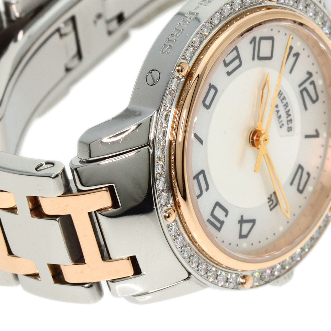HERMES Watches Quartz CP1.322 Stainless Steel, SSxPGP, Diamond Silver Clipper Classic Nacle Diamond White shell dial Women Used Authentic