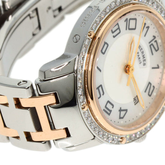 HERMES Watches Quartz CP1.322 Stainless Steel, SSxPGP, Diamond Silver Clipper Classic Nacle Diamond White shell dial Women Used Authentic