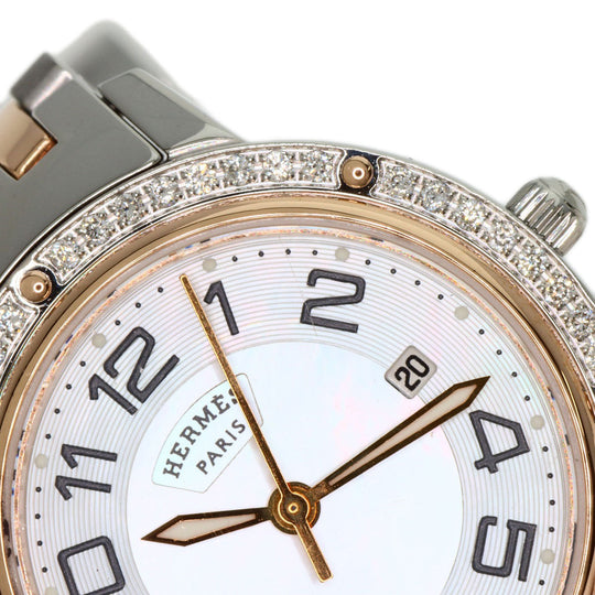 HERMES Watches Quartz CP1.322 Stainless Steel, SSxPGP, Diamond Silver Clipper Classic Nacle Diamond White shell dial Women Used Authentic