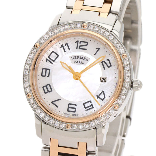 HERMES Watches Quartz CP1.322 Stainless Steel, SSxPGP, Diamond Silver Clipper Classic Nacle Diamond White shell dial Women Used Authentic