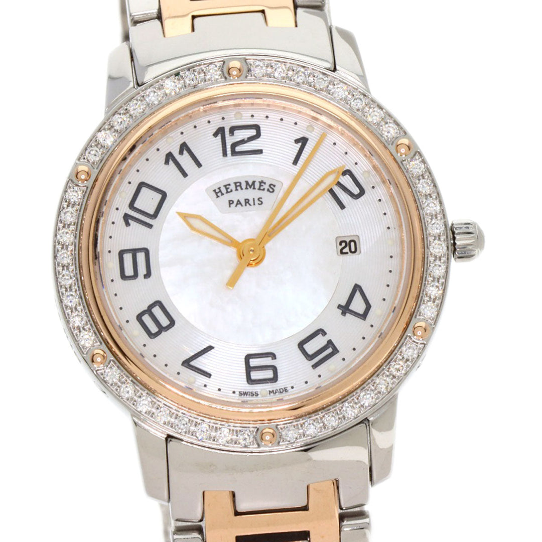 HERMES Watches Quartz CP1.322 Stainless Steel, SSxPGP, Diamond Silver Clipper Classic Nacle Diamond White shell dial Women Used Authentic