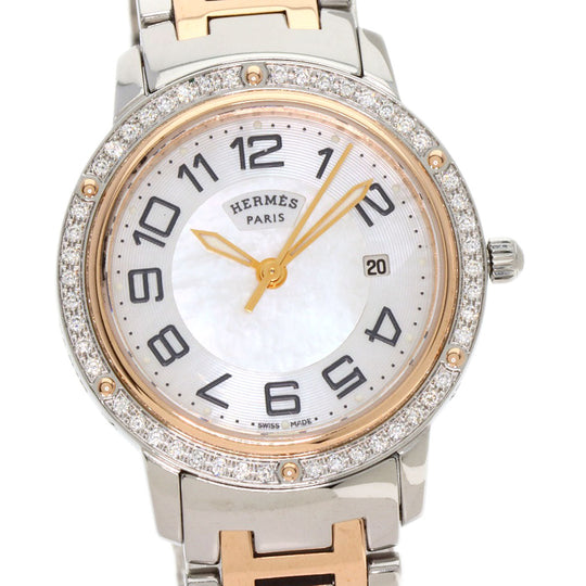 HERMES Watches Quartz CP1.322 Stainless Steel, SSxPGP, Diamond Silver Clipper Classic Nacle Diamond White shell dial Women Used Authentic