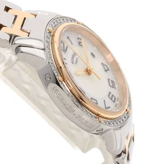 HERMES Watches Quartz CP1.322 Stainless Steel, SSxPGP, Diamond Silver Clipper Classic Nacle Diamond White shell dial Women Used Authentic