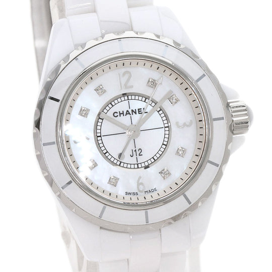 CHANEL Watches Quartz H2570 Ceramic, Ceramic Silver J12 1.1" Shell 8P Diamond White shell dial Women Used Authentic