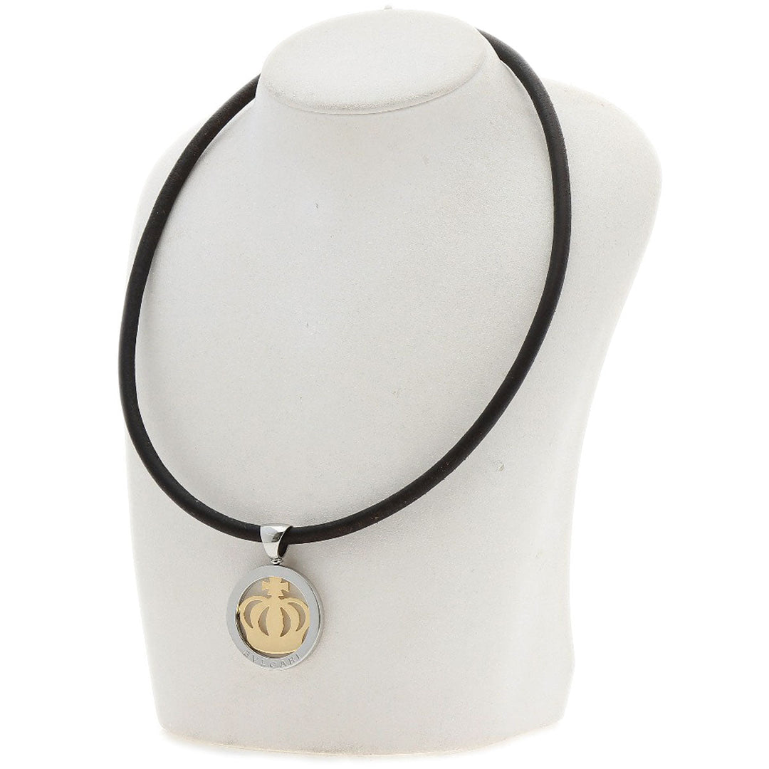 BVLGARI Necklace K18YG , Stainless Steel gold Tond crown Women Used Authentic