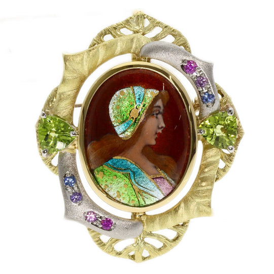 MITSUO KAJI Brooch K18YG , PT900 gold Enamel Sapphire Women Used Authentic