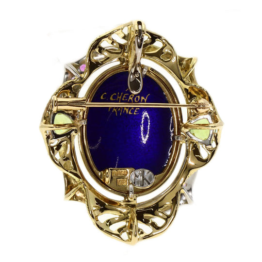 MITSUO KAJI Brooch K18YG , PT900 gold Enamel Sapphire Women Used Authentic