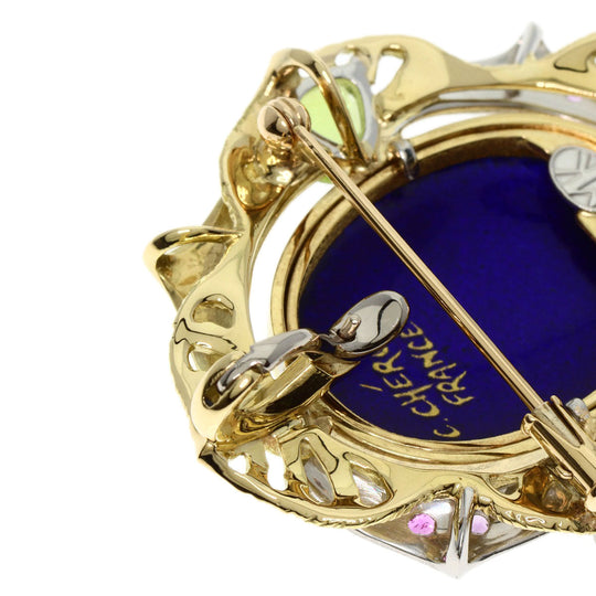 MITSUO KAJI Brooch K18YG , PT900 gold Enamel Sapphire Women Used Authentic