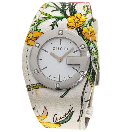 GUCCI Watches Quartz YA104 Stainless Steel, Satin x Leather Silver Bandeau Flora Silver dial Women Used Authentic