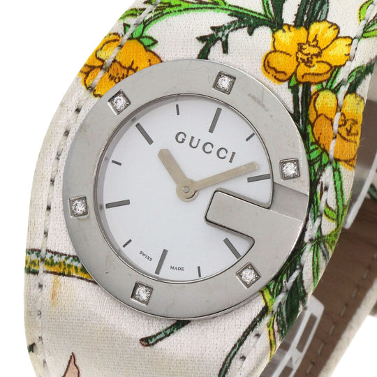 GUCCI Watches Quartz YA104 Stainless Steel, Satin x Leather Silver Bandeau Flora Silver dial Women Used Authentic
