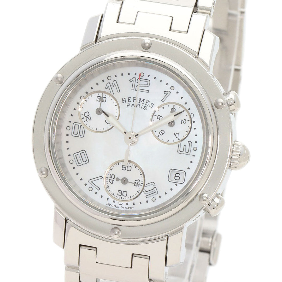 HERMES Watches Quartz CL1.310 Stainless Steel , Stainless Steel Silver Clipper Chronograph White shell dial Women Used Authentic